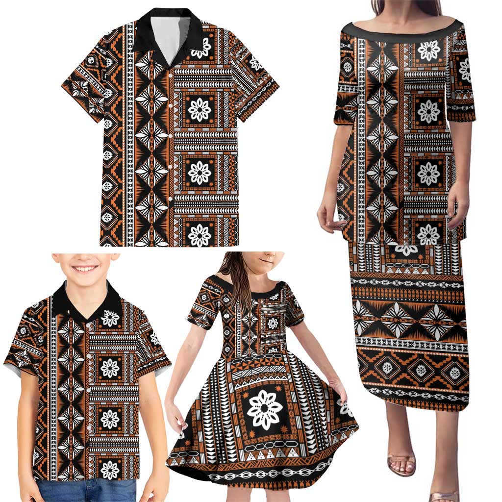 Fiji Masi Tapa Pattern Orange Family Matching Puletasi and Hawaiian Shirt - Polynesian Pride