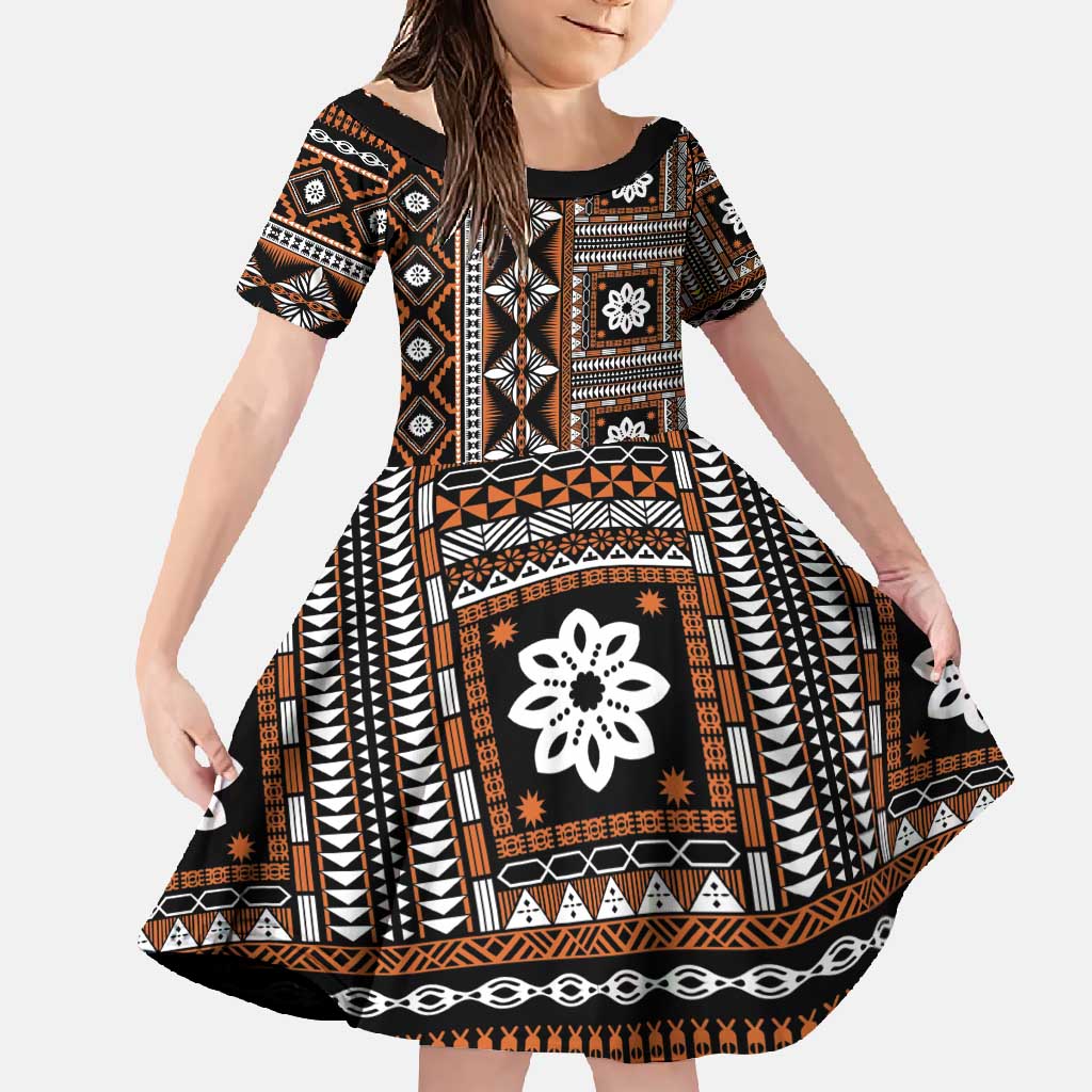 Fiji Masi Tapa Pattern Orange Family Matching Summer Maxi Dress and Hawaiian Shirt - Polynesian Pride