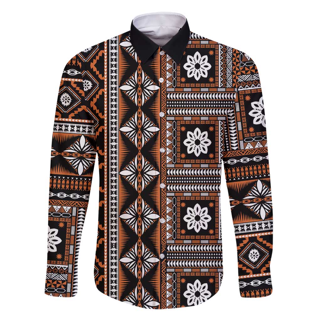 Fiji Masi Tapa Pattern Orange Family Matching Tank Maxi Dress and Hawaiian Shirt - Polynesian Pride