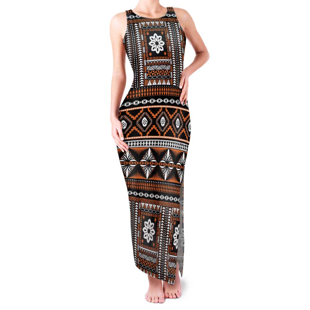 Fiji Masi Tapa Pattern Orange Family Matching Tank Maxi Dress and Hawaiian Shirt - Polynesian Pride