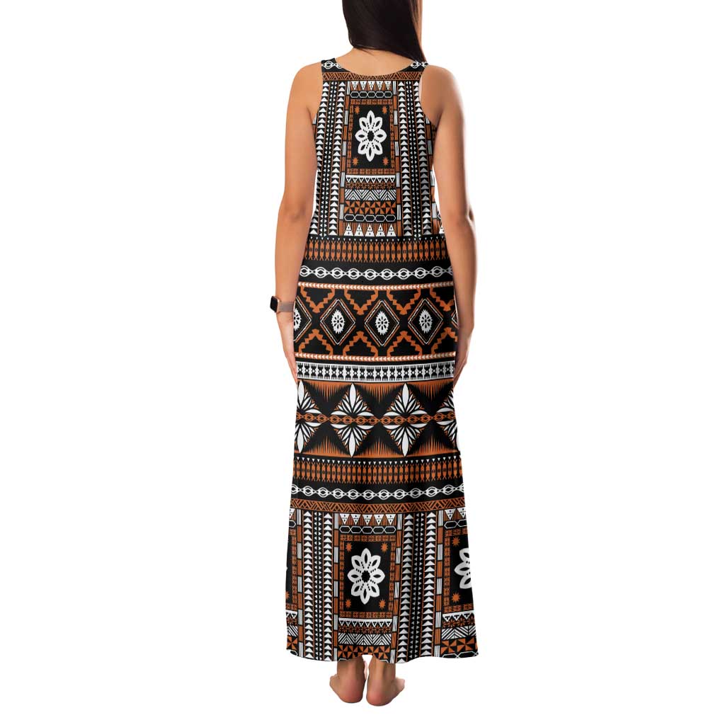 Fiji Masi Tapa Pattern Orange Family Matching Tank Maxi Dress and Hawaiian Shirt - Polynesian Pride