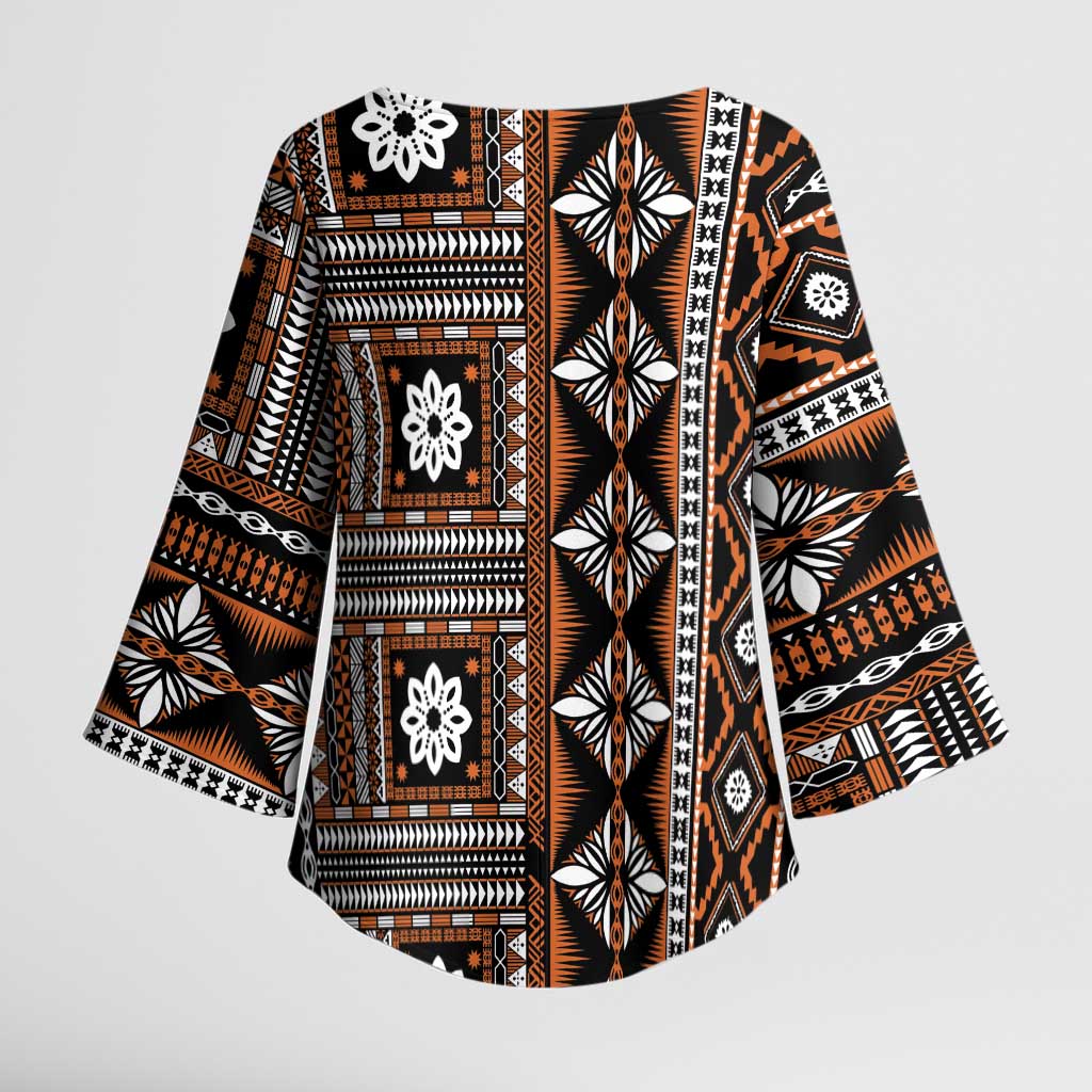 Fiji Masi Tapa Pattern Orange Kimono Sleeve Blouse - Polynesian Pride