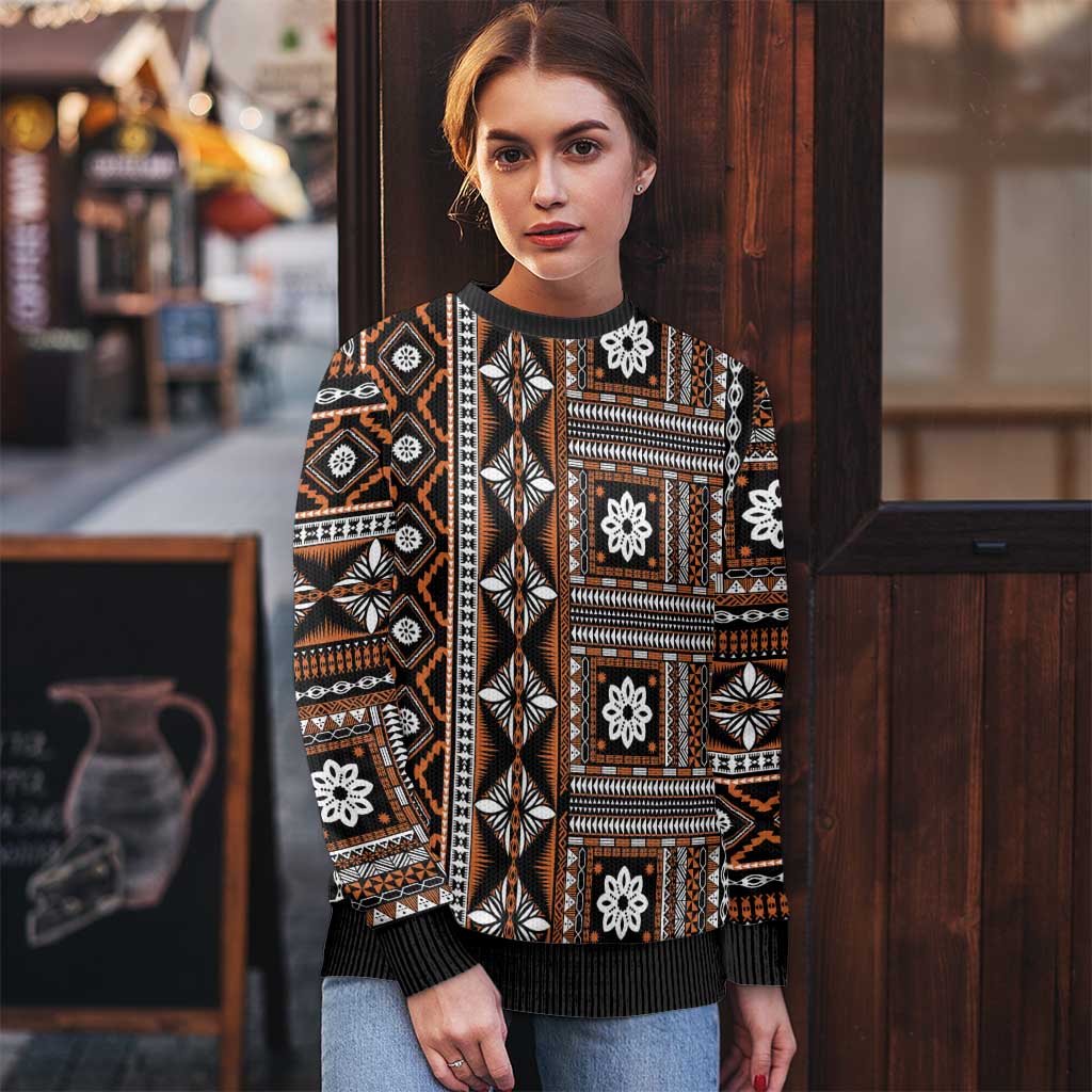 Fiji Masi Tapa Pattern Orange Ugly Christmas Sweater - Polynesian Pride