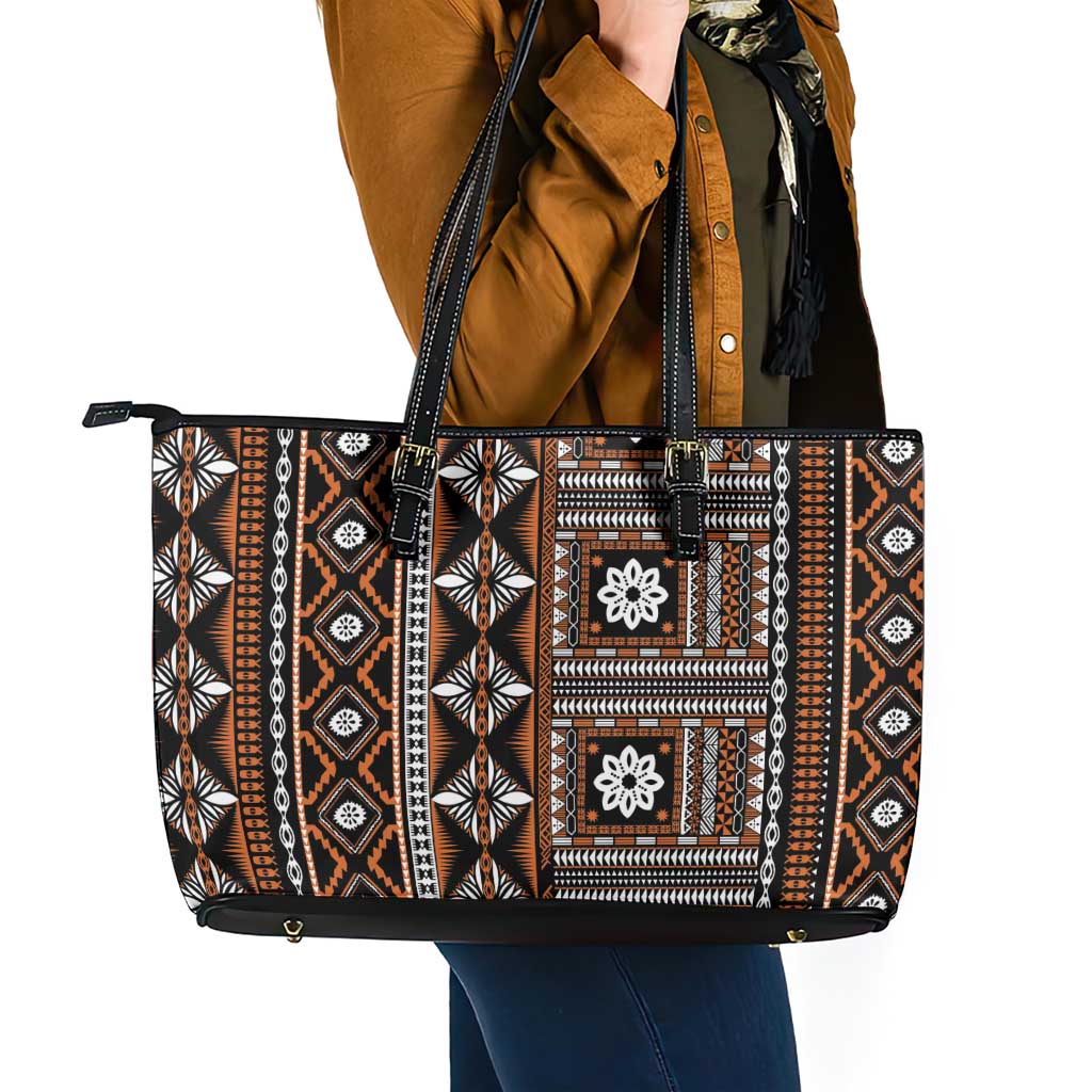 Fiji Masi Tapa Pattern Orange Leather Tote Bag - Polynesian Pride