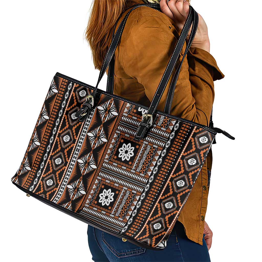 Fiji Masi Tapa Pattern Orange Leather Tote Bag - Polynesian Pride