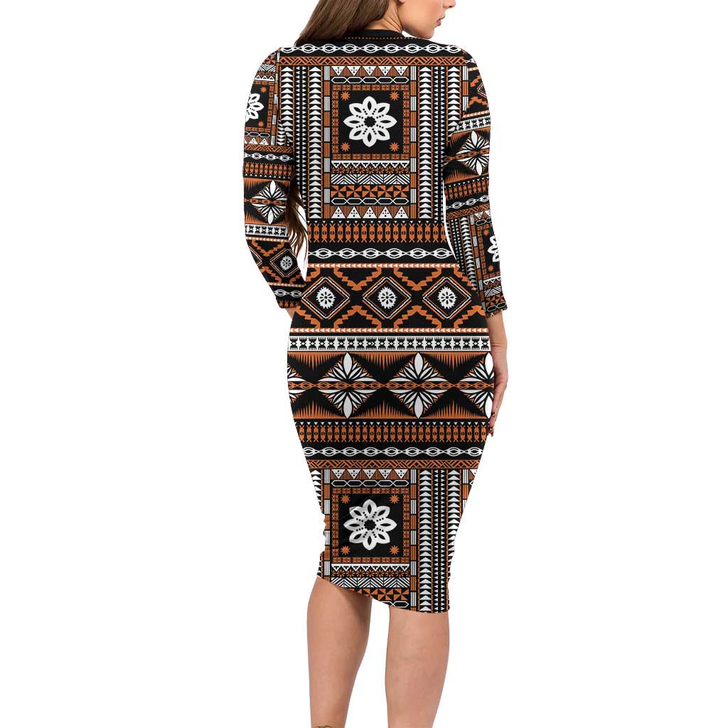 Fiji Masi Tapa Pattern Orange Long Sleeve Bodycon Dress - Polynesian Pride