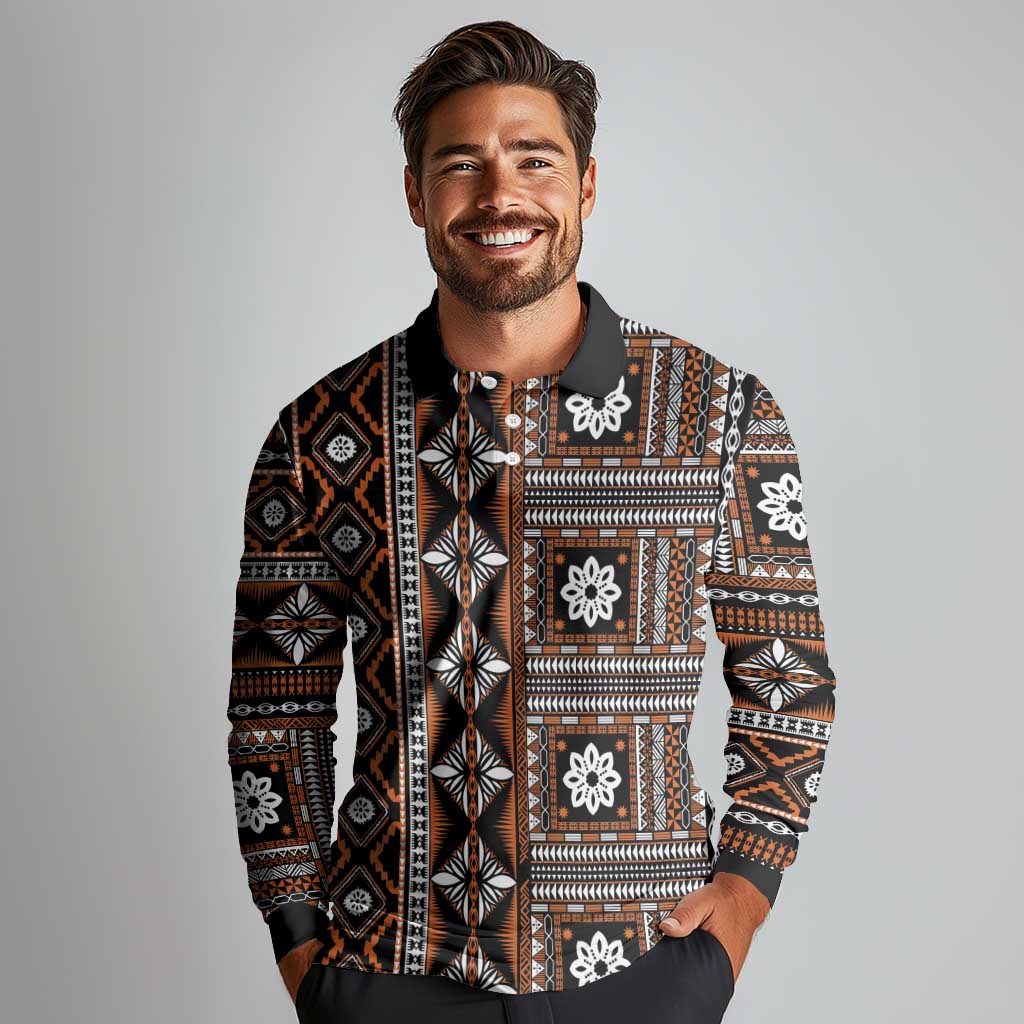 Fiji Masi Tapa Pattern Orange Long Sleeve Polo Shirt - Polynesian Pride