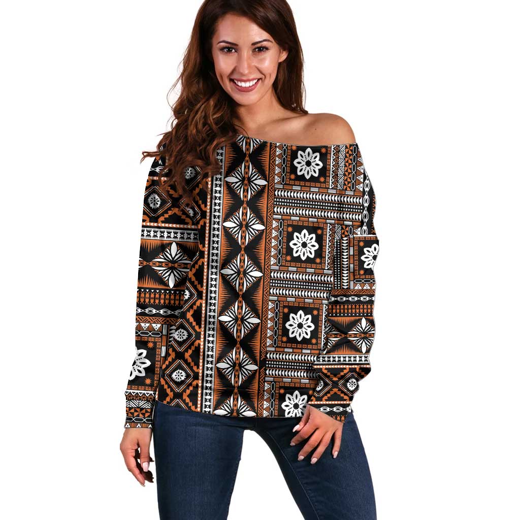 Fiji Masi Tapa Pattern Orange Off Shoulder Sweater - Polynesian Pride