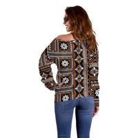 Fiji Masi Tapa Pattern Orange Off Shoulder Sweater - Polynesian Pride