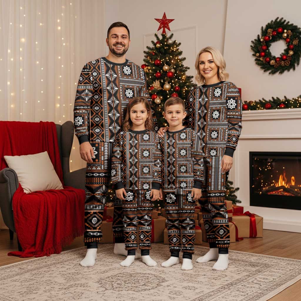 Fiji Masi Tapa Pattern Orange Christmas Pajama Set - Polynesian Pride