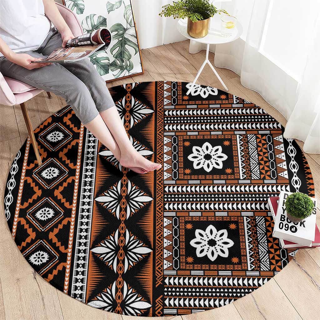 Fiji Masi Tapa Pattern Orange Round Carpet - Polynesian Pride