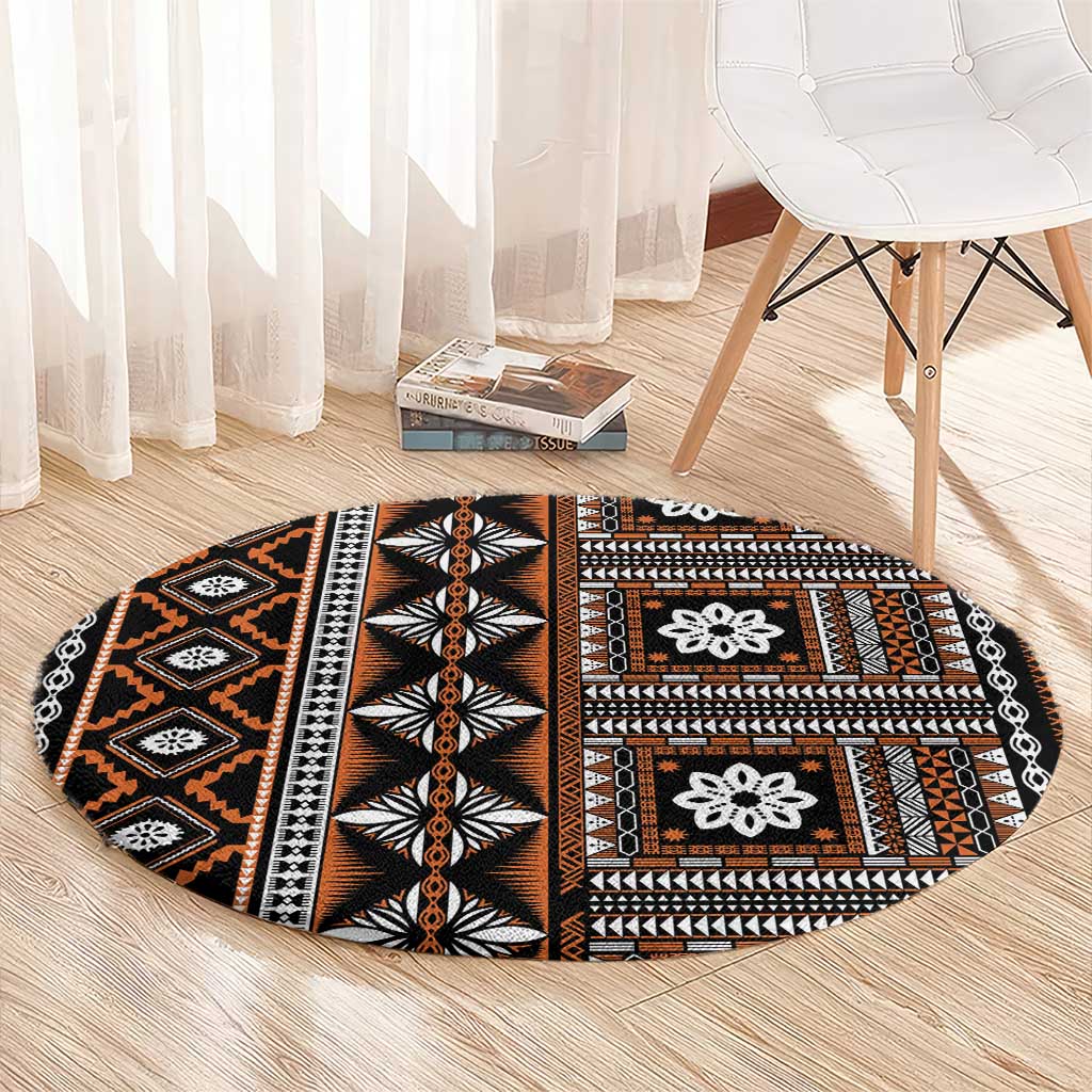 Fiji Masi Tapa Pattern Orange Round Carpet - Polynesian Pride