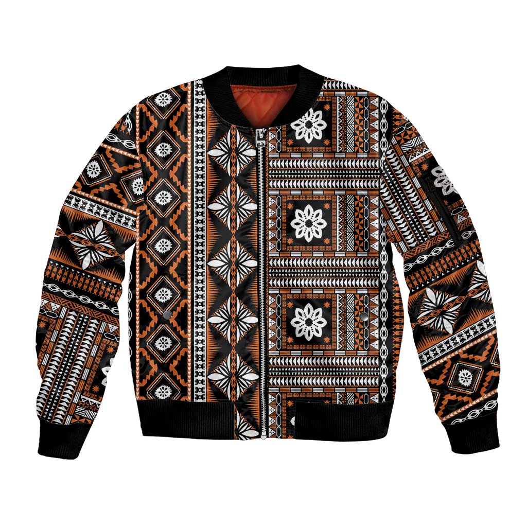 Fiji Masi Tapa Pattern Orange Sleeve Zip Bomber Jacket - Polynesian Pride