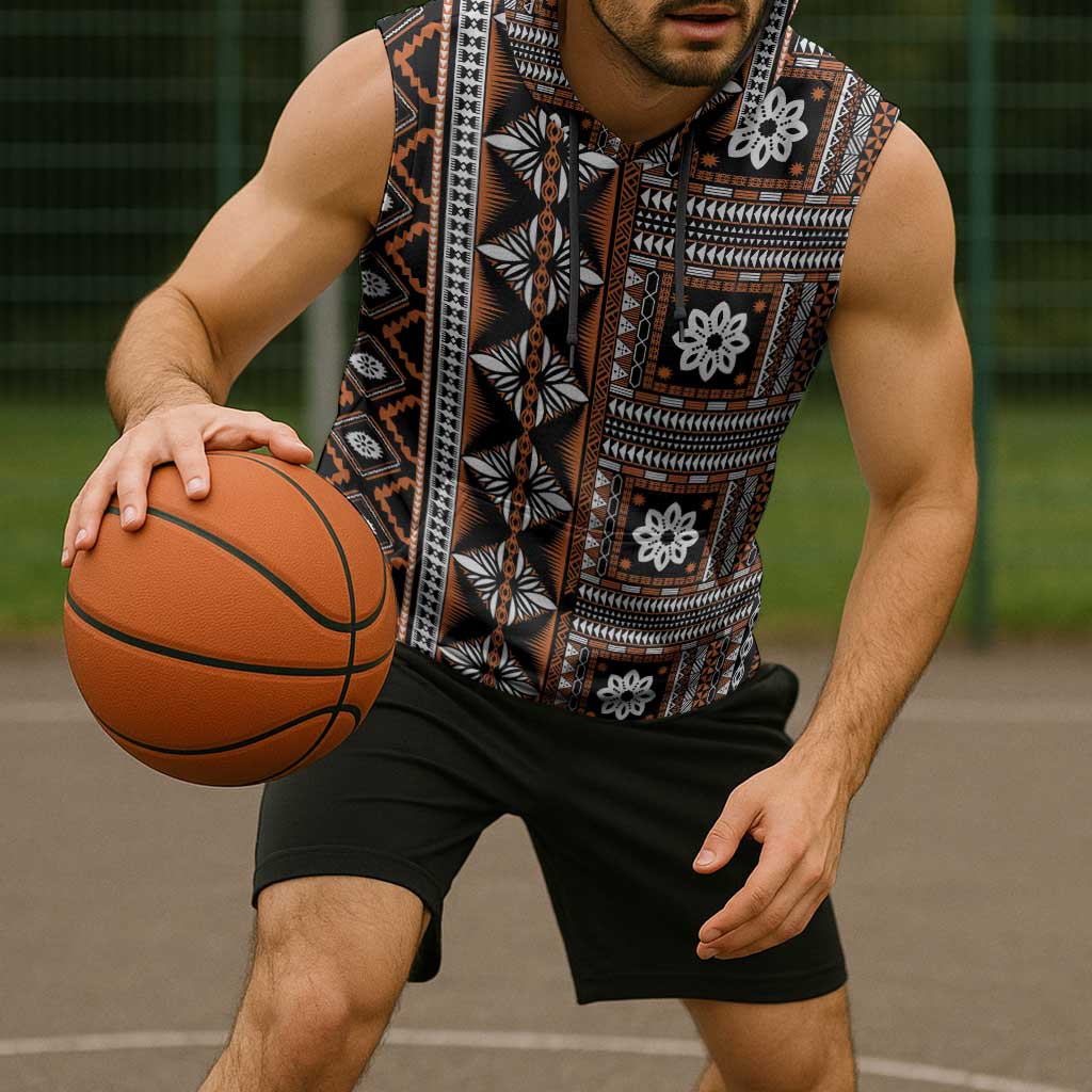 Fiji Masi Tapa Pattern Orange Sleeveless Hoodie - Polynesian Pride