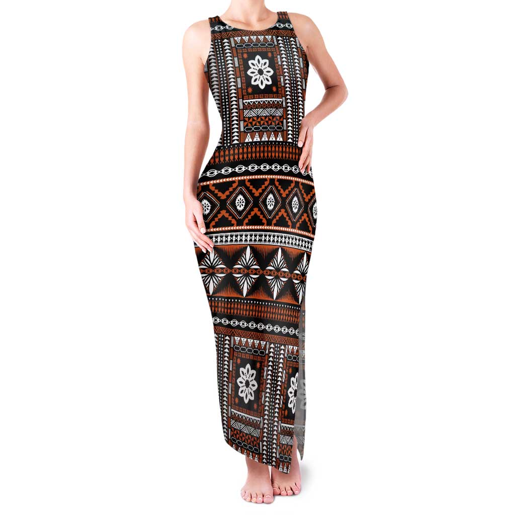 Fiji Masi Tapa Pattern Orange Tank Maxi Dress - Polynesian Pride