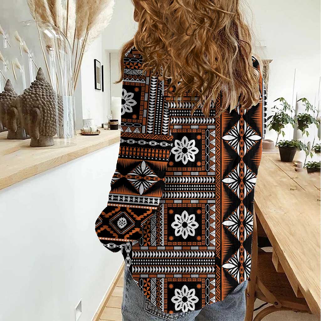 Fiji Masi Tapa Pattern Orange Women Casual Shirt - Polynesian Pride