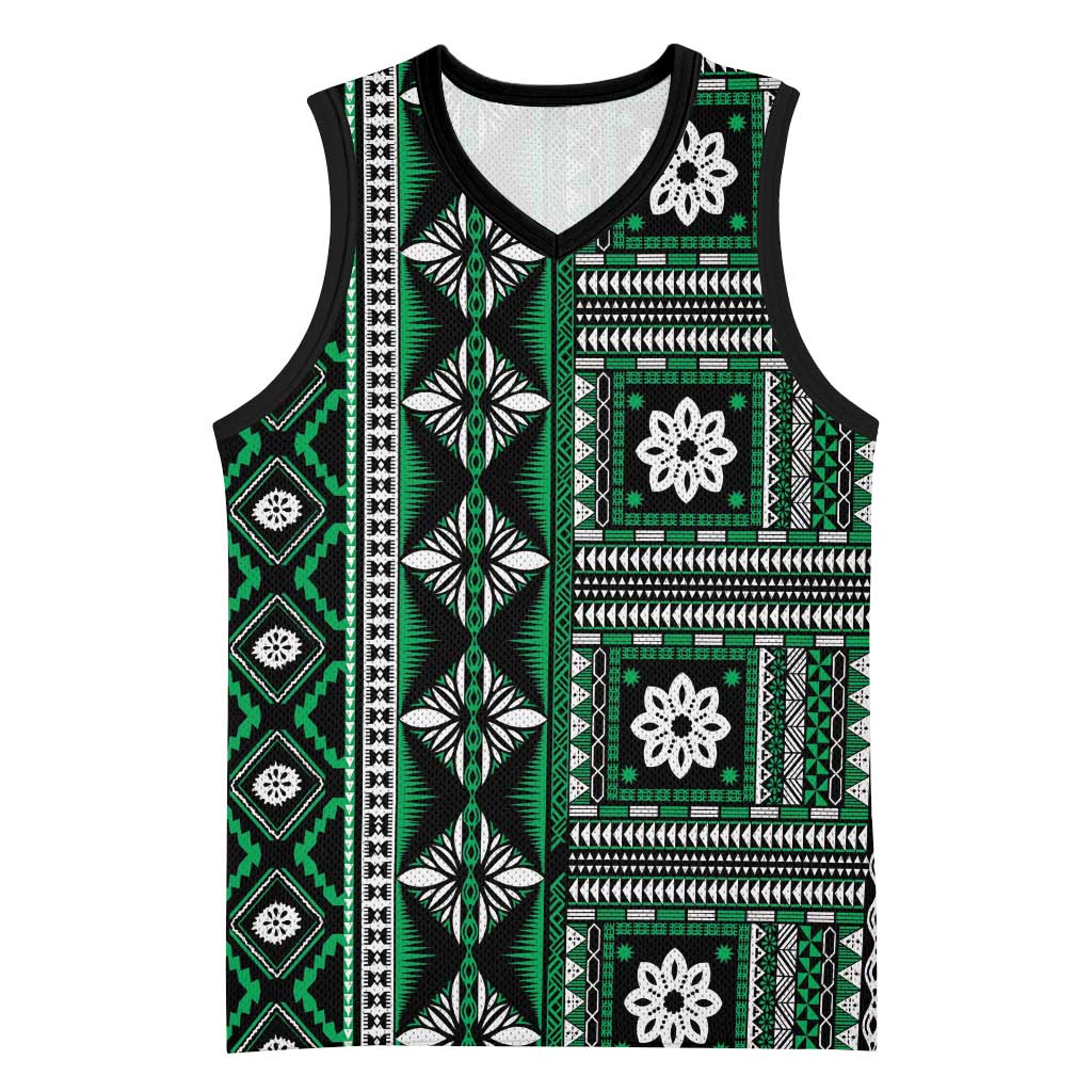 Fiji Masi Tapa Pattern Green Basketball Jersey - Polynesian Pride