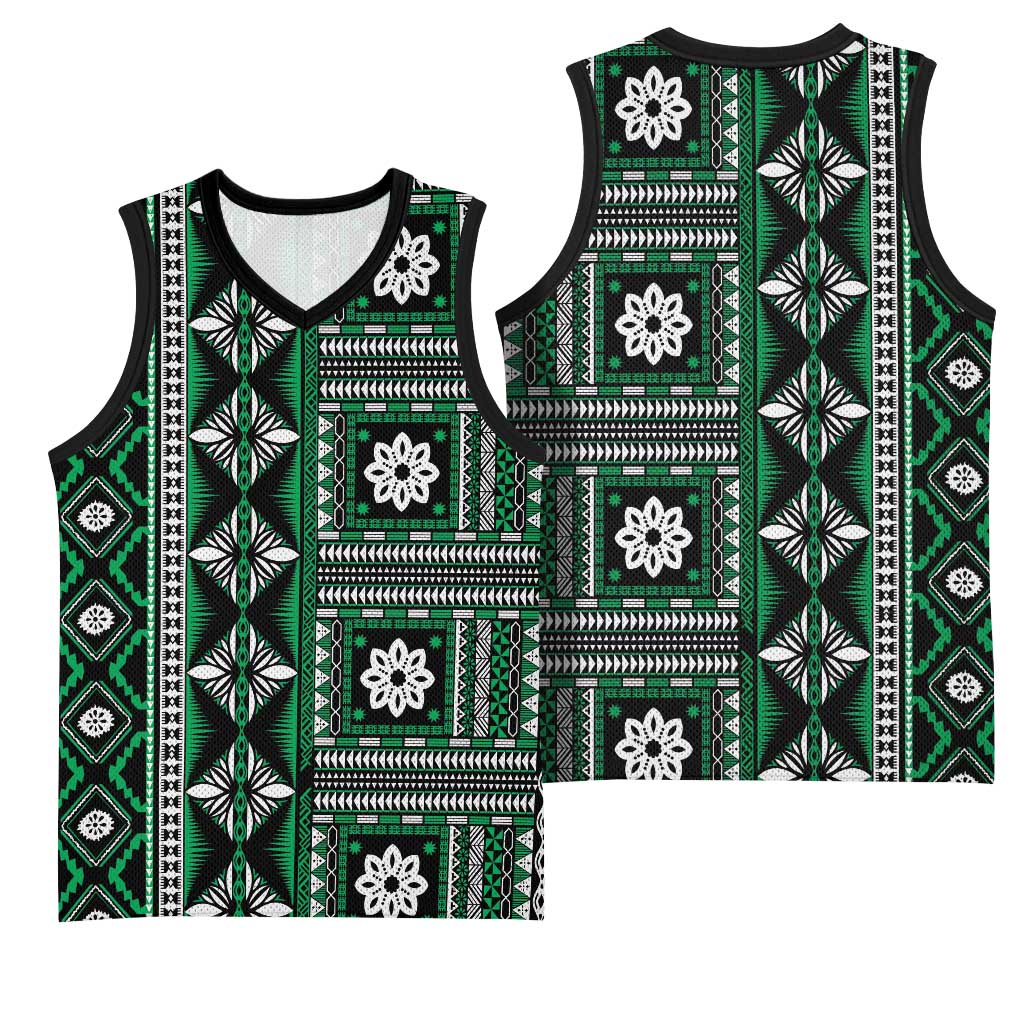 Fiji Masi Tapa Pattern Green Basketball Jersey - Polynesian Pride