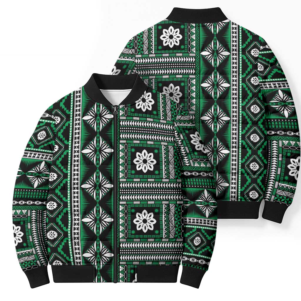 Fiji Masi Tapa Pattern Green Bomber Puffer Jacket - Polynesian Pride