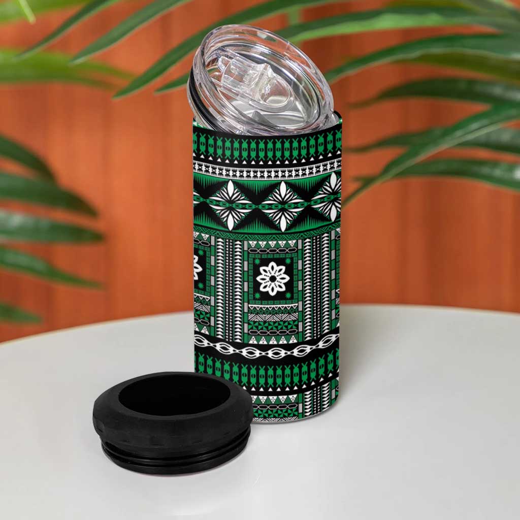 Fiji Masi Tapa Pattern Green 4 in 1 Can Cooler Tumbler - Polynesian Pride