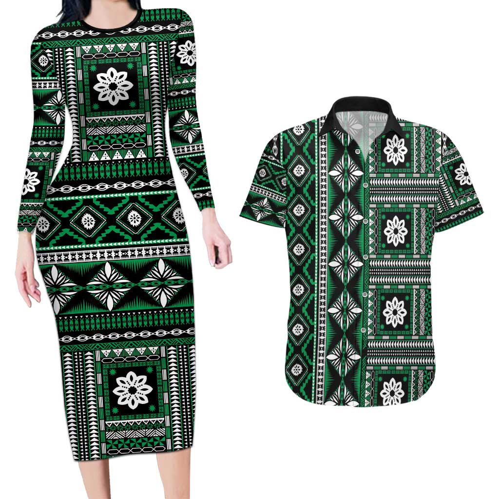 Fiji Masi Tapa Pattern Green Couples Matching Long Sleeve Bodycon Dress and Hawaiian Shirt LT01 Green - Polynesian Pride