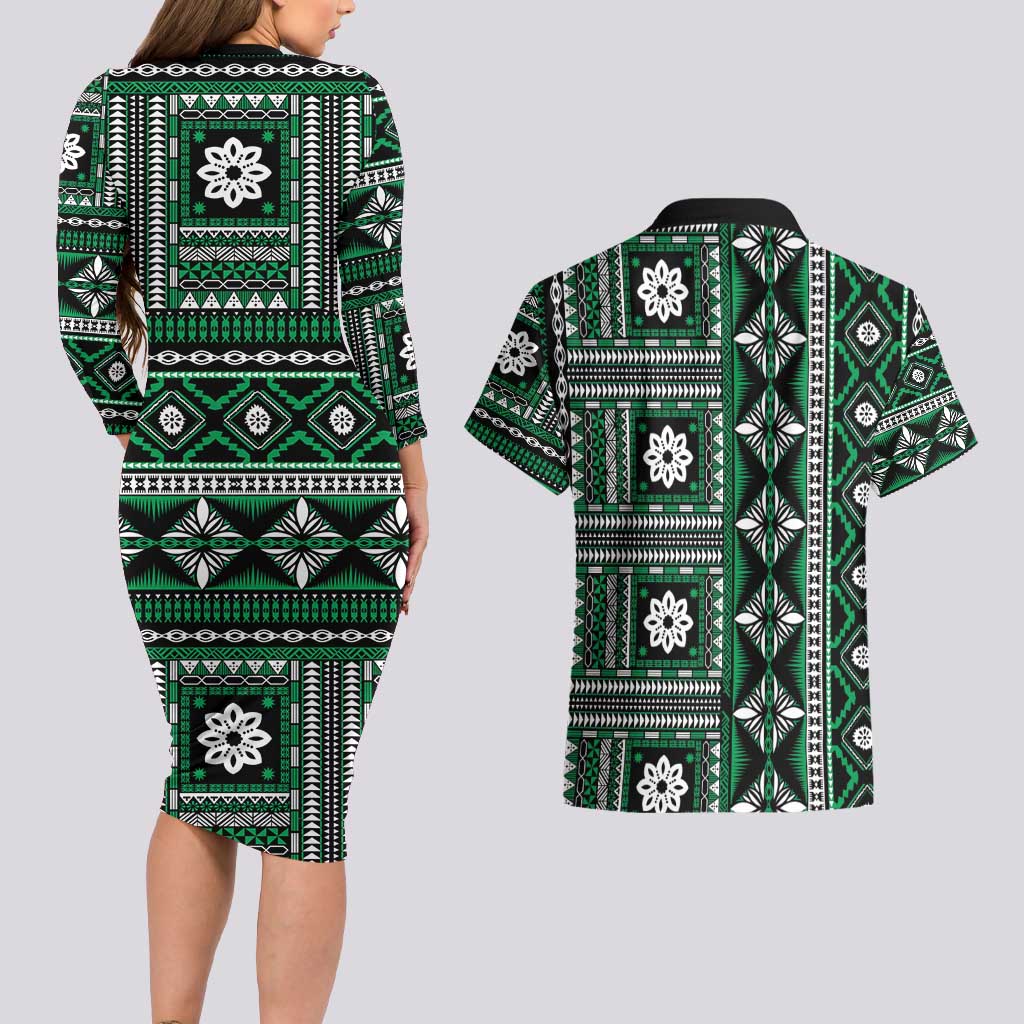 Fiji Masi Tapa Pattern Green Couples Matching Long Sleeve Bodycon Dress and Hawaiian Shirt LT01 - Polynesian Pride