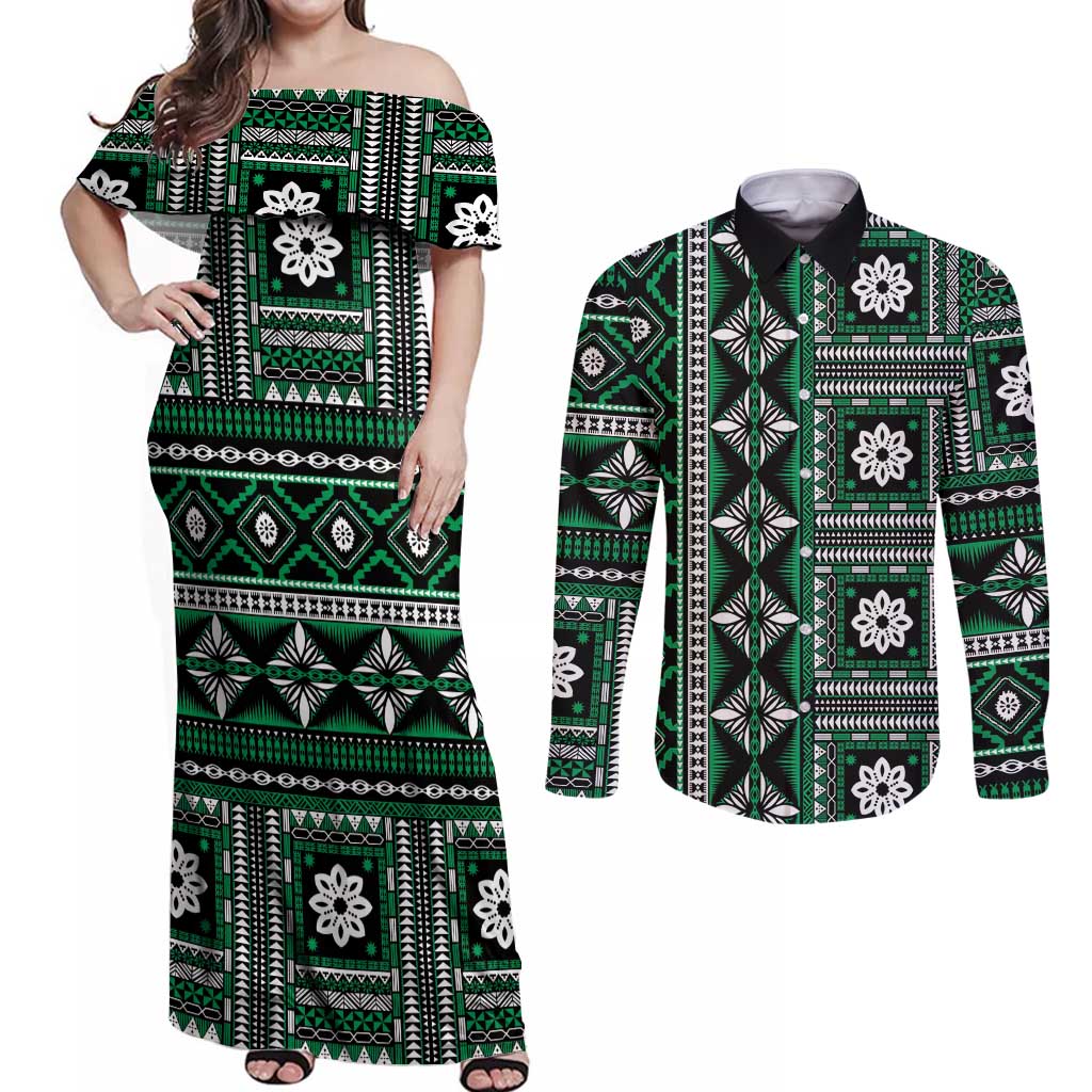 Fiji Masi Tapa Pattern Green Couples Matching Off Shoulder Maxi Dress and Long Sleeve Button Shirt - Polynesian Pride