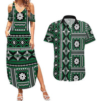 Fiji Masi Tapa Pattern Green Couples Matching Summer Maxi Dress and Hawaiian Shirt LT01 Green - Polynesian Pride