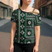 Fiji Masi Tapa Pattern Green Cross Shoulder Shirt - Polynesian Pride