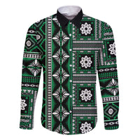 Fiji Masi Tapa Pattern Green Family Matching Off The Shoulder Long Sleeve Dress and Hawaiian Shirt - Polynesian Pride