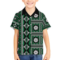 Fiji Masi Tapa Pattern Green Family Matching Off The Shoulder Long Sleeve Dress and Hawaiian Shirt - Polynesian Pride