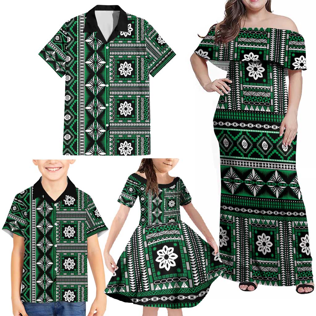 Fiji Masi Tapa Pattern Green Family Matching Off Shoulder Maxi Dress and Hawaiian Shirt - Polynesian Pride