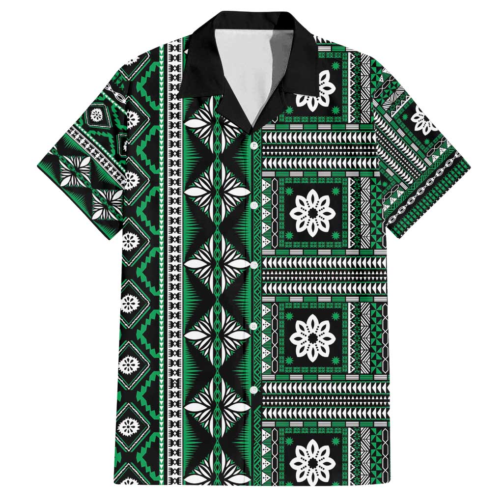Fiji Masi Tapa Pattern Green Family Matching Off Shoulder Maxi Dress and Hawaiian Shirt - Polynesian Pride