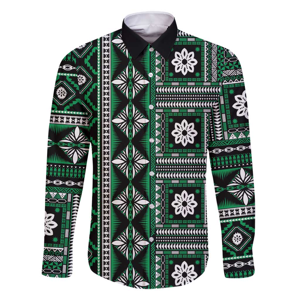 Fiji Masi Tapa Pattern Green Family Matching Off Shoulder Short Dress and Hawaiian Shirt - Polynesian Pride