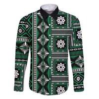 Fiji Masi Tapa Pattern Green Family Matching Off Shoulder Short Dress and Hawaiian Shirt - Polynesian Pride
