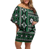 Fiji Masi Tapa Pattern Green Family Matching Off Shoulder Short Dress and Hawaiian Shirt - Polynesian Pride