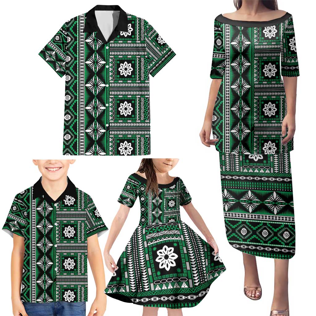 Fiji Masi Tapa Pattern Green Family Matching Puletasi and Hawaiian Shirt - Polynesian Pride