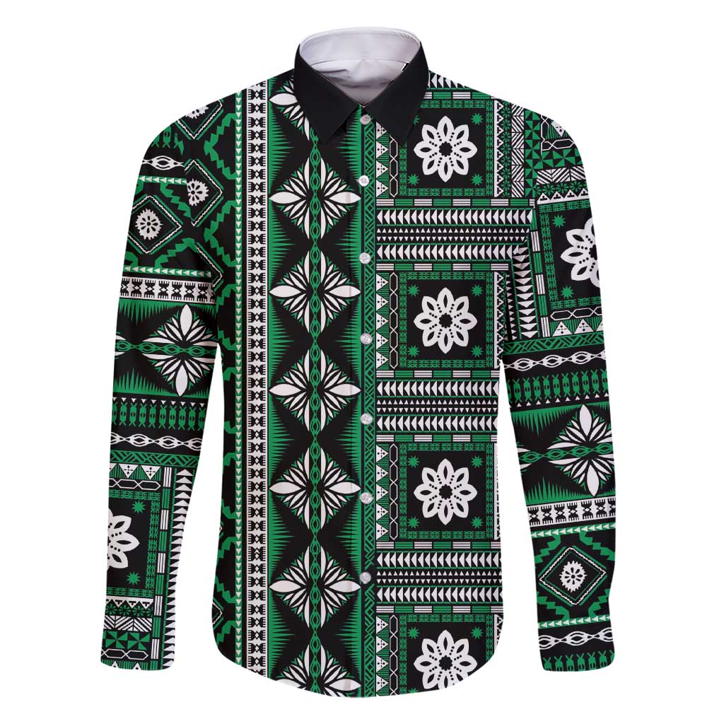Fiji Masi Tapa Pattern Green Family Matching Short Sleeve Bodycon Dress and Hawaiian Shirt - Polynesian Pride