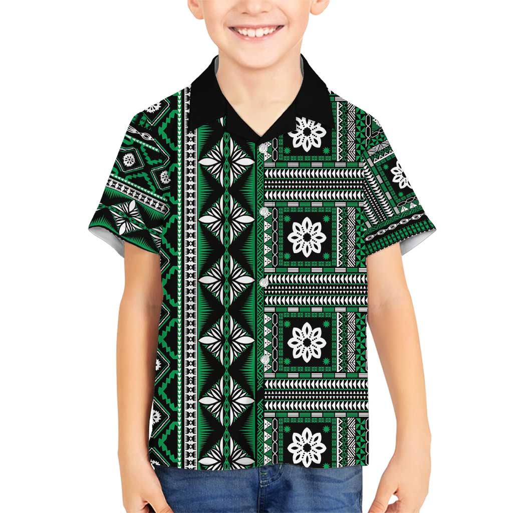 Fiji Masi Tapa Pattern Green Family Matching Summer Maxi Dress and Hawaiian Shirt - Polynesian Pride