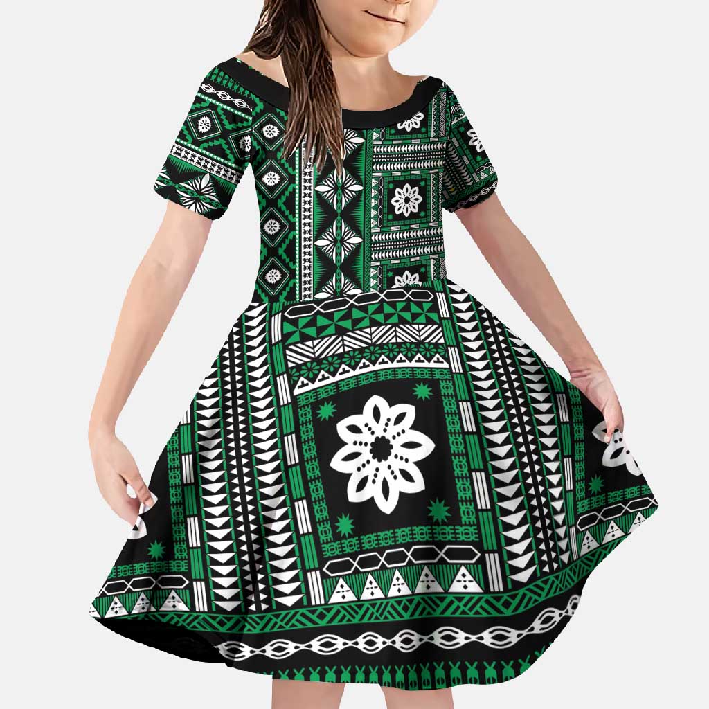 Fiji Masi Tapa Pattern Green Family Matching Tank Maxi Dress and Hawaiian Shirt - Polynesian Pride
