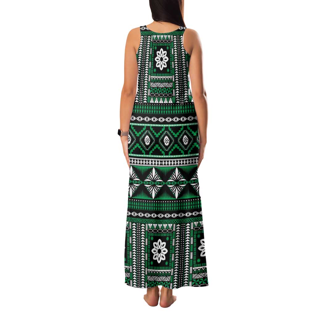 Fiji Masi Tapa Pattern Green Family Matching Tank Maxi Dress and Hawaiian Shirt - Polynesian Pride