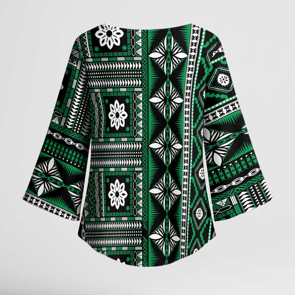 Fiji Masi Tapa Pattern Green Kimono Sleeve Blouse - Polynesian Pride