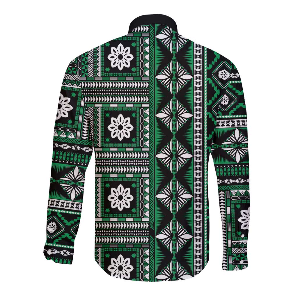 Fiji Masi Tapa Pattern Green Long Sleeve Button Shirt - Polynesian Pride