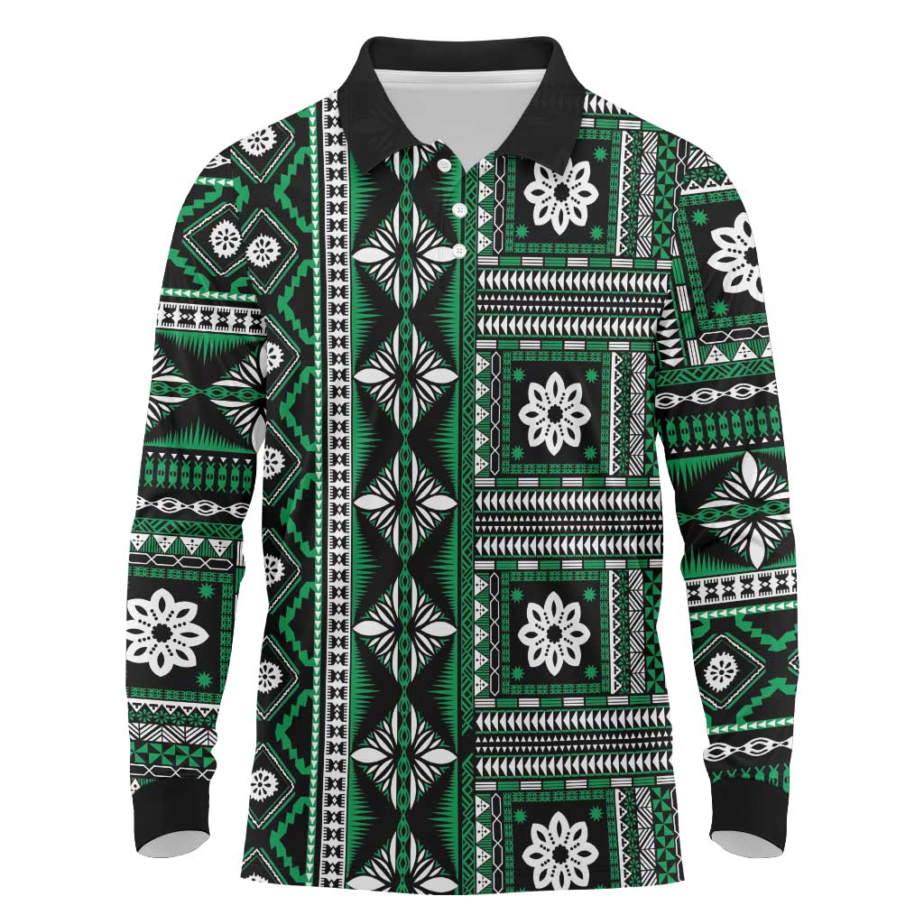 Fiji Masi Tapa Pattern Green Long Sleeve Polo Shirt - Polynesian Pride