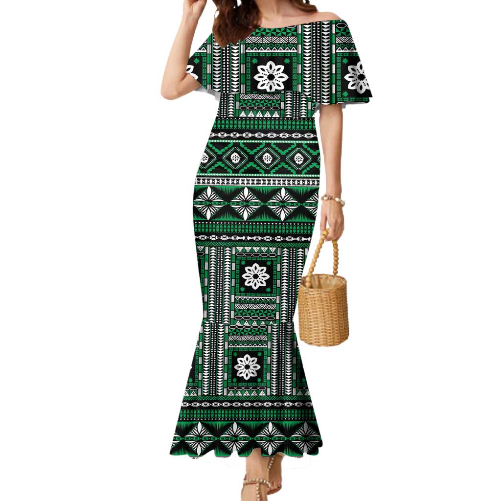 Fiji Masi Tapa Pattern Green Mermaid Dress - Polynesian Pride