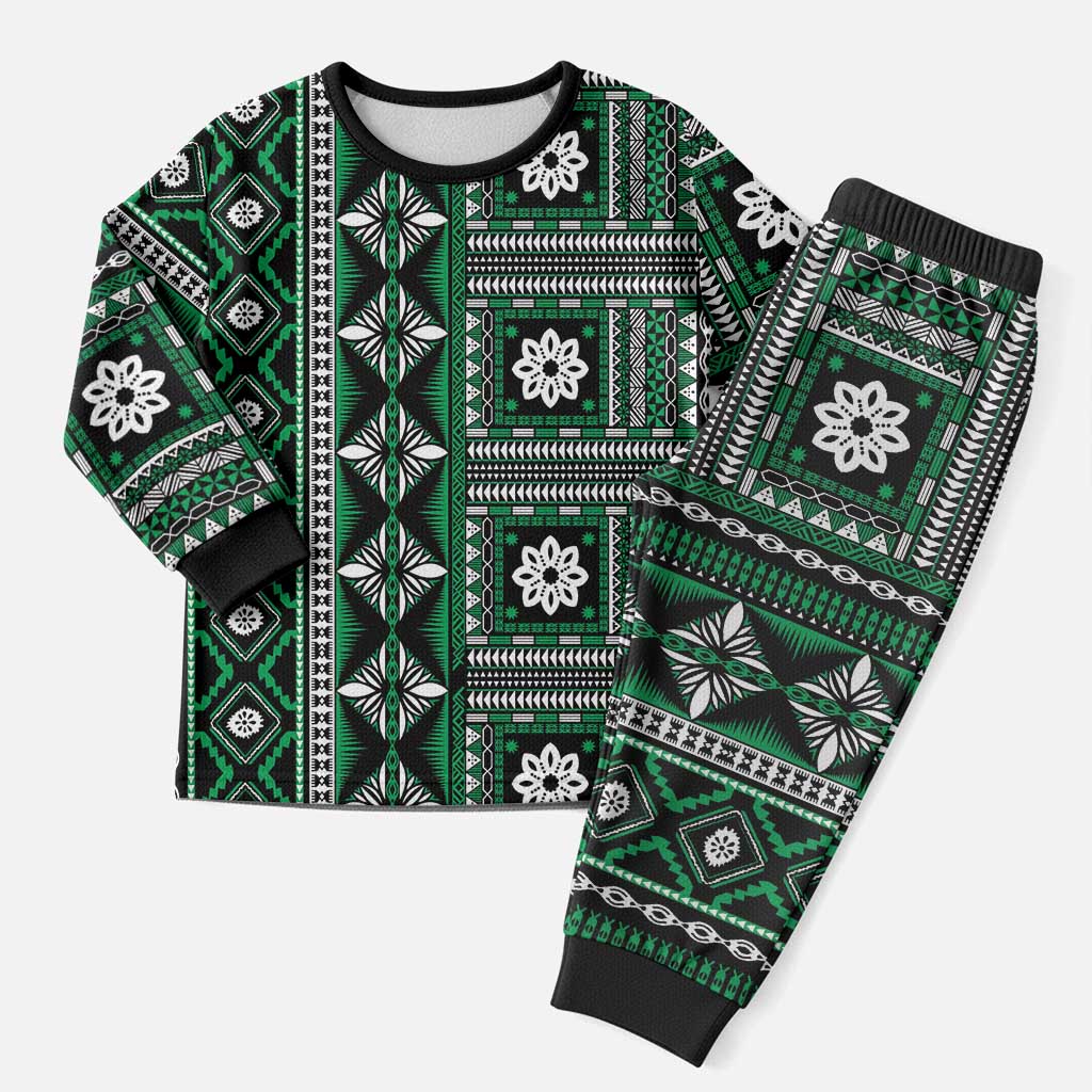 Fiji Masi Tapa Pattern Green Christmas Pajama Set - Polynesian Pride