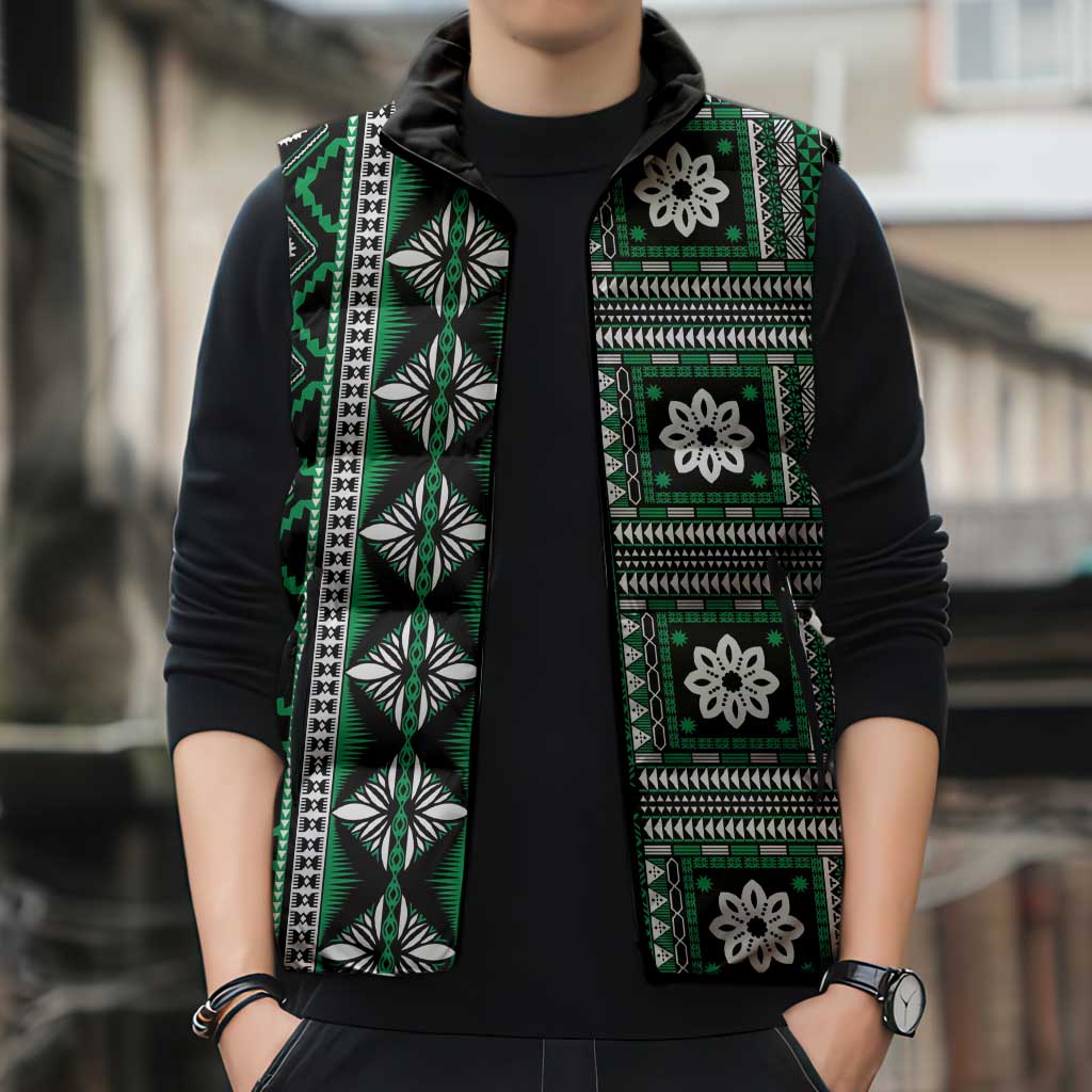 Fiji Masi Tapa Pattern Green Sleeveless Puffer Jacket - Polynesian Pride