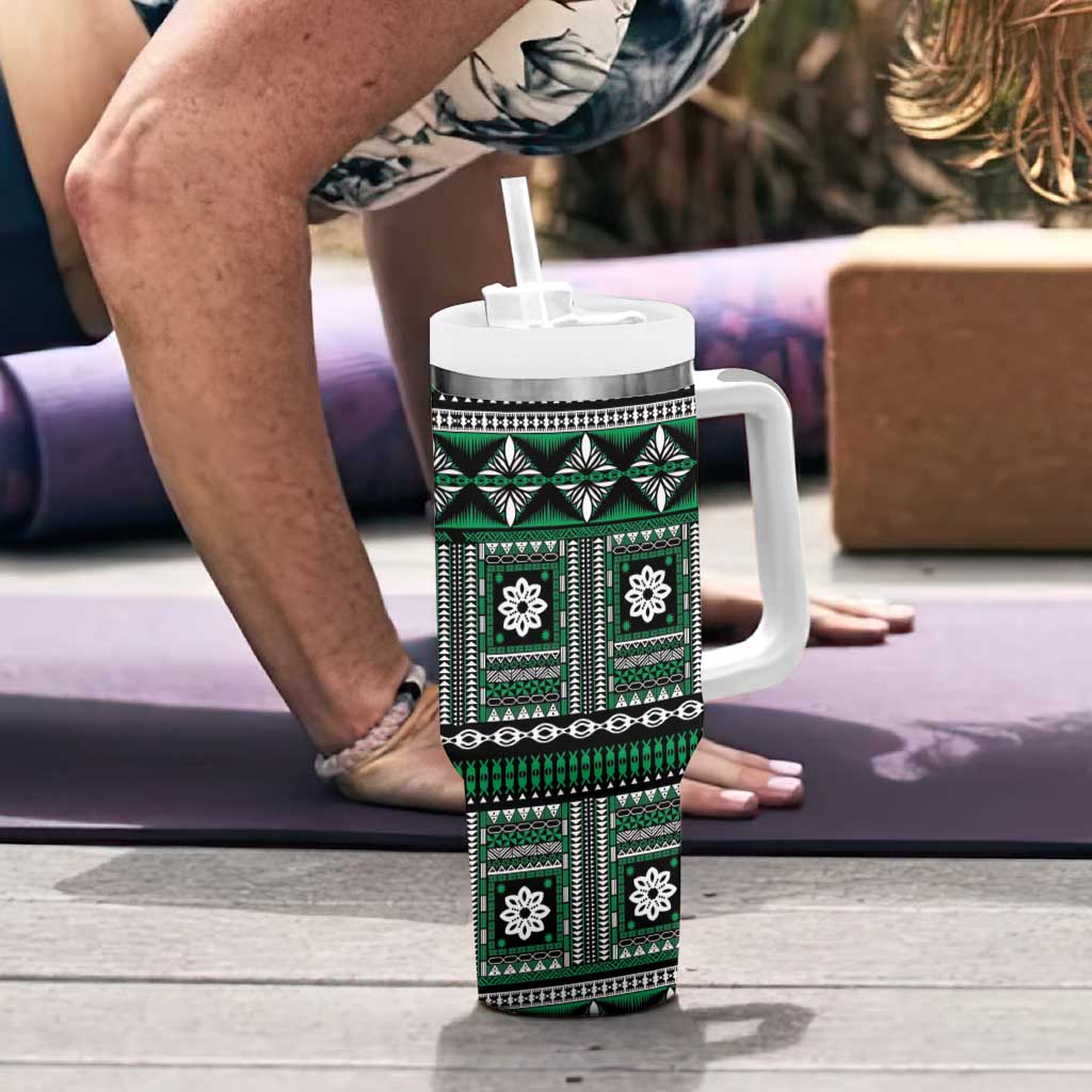 Fiji Masi Tapa Pattern Green Tumbler With Handle - Polynesian Pride