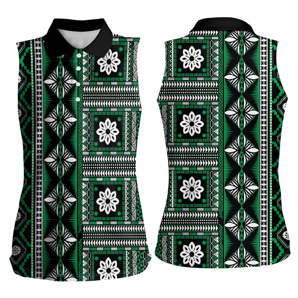 Fiji Masi Tapa Pattern Green Women Sleeveless Polo Shirt - Polynesian Pride