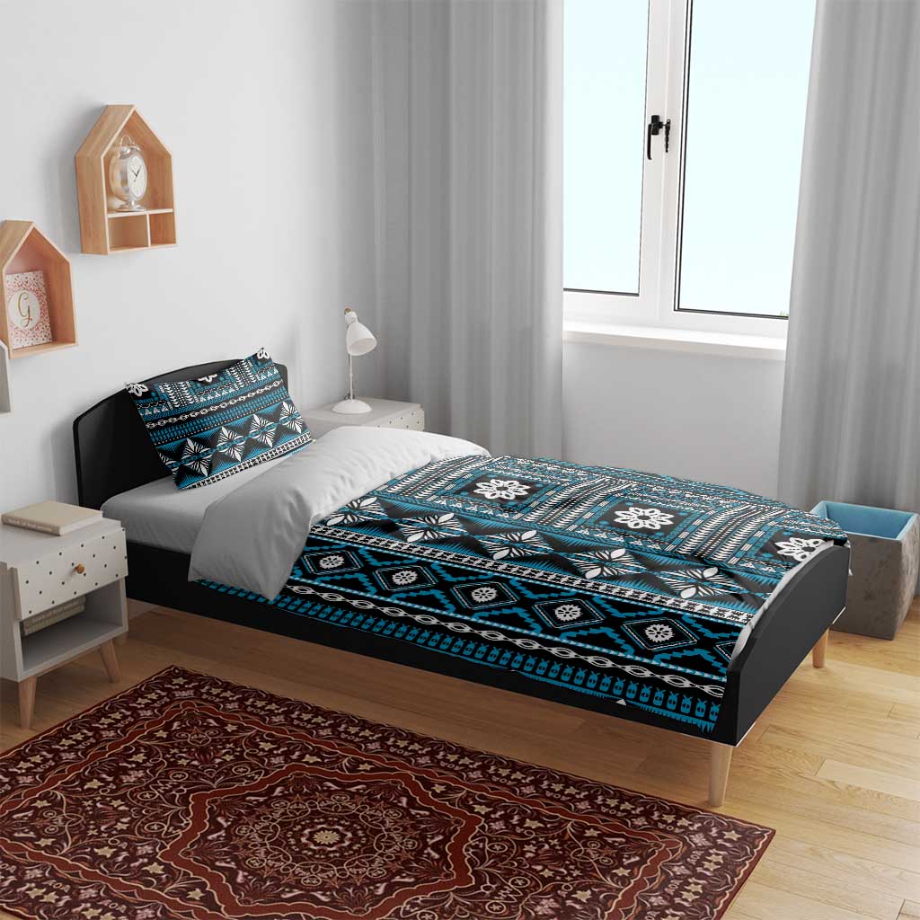 Fiji Masi Tapa Pattern Blue Bedding Set - Polynesian Pride